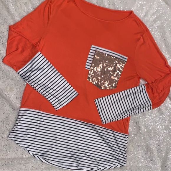 Orange Striped Sequin Pocket Shirt - Picture 11 of 14